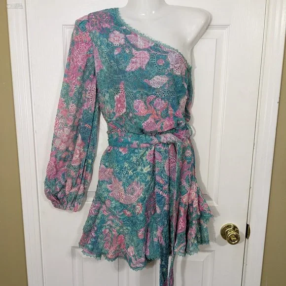 HEMANT AND NANDITA Kefi One Shoulder Mini Dress in Blue & Pink - size XS NWOT - Picture 4 of 15